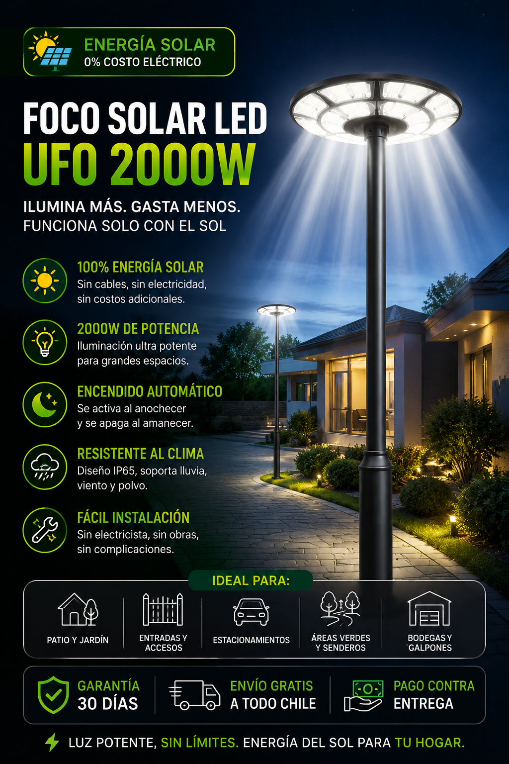 Foco Solar LED UFO 2000W — Iluminación Exterior Sin Electricidad