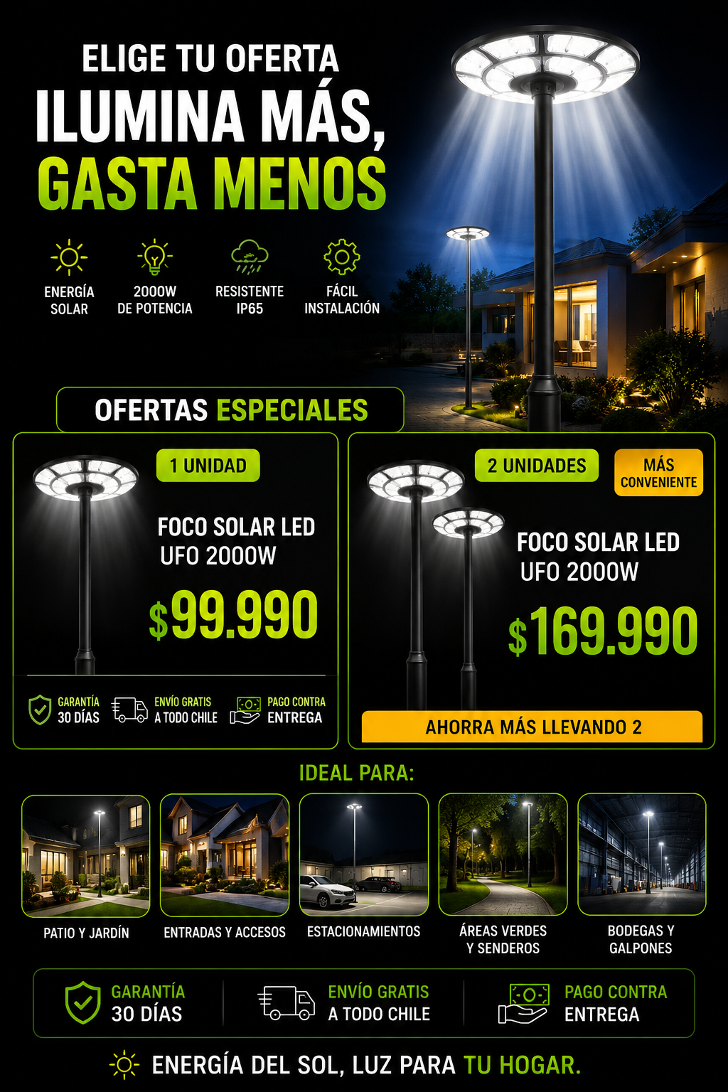 Foco Solar LED UFO 2000W — Iluminación Exterior Sin Electricidad