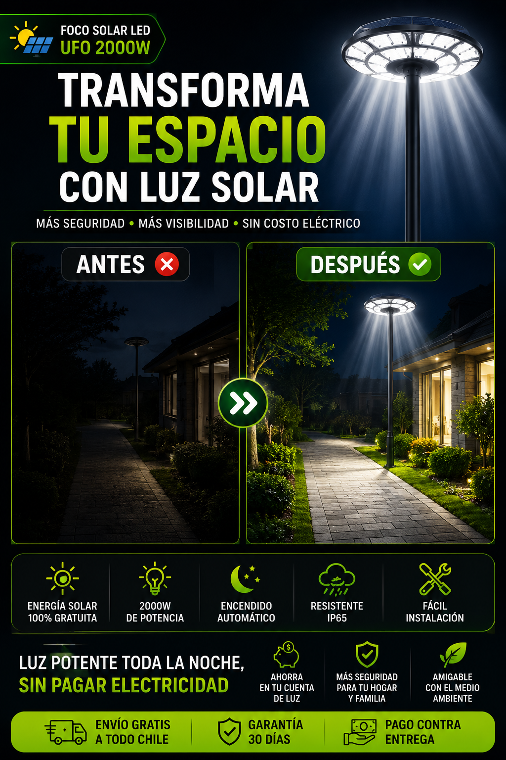 Foco Solar LED UFO 2000W — Iluminación Exterior Sin Electricidad