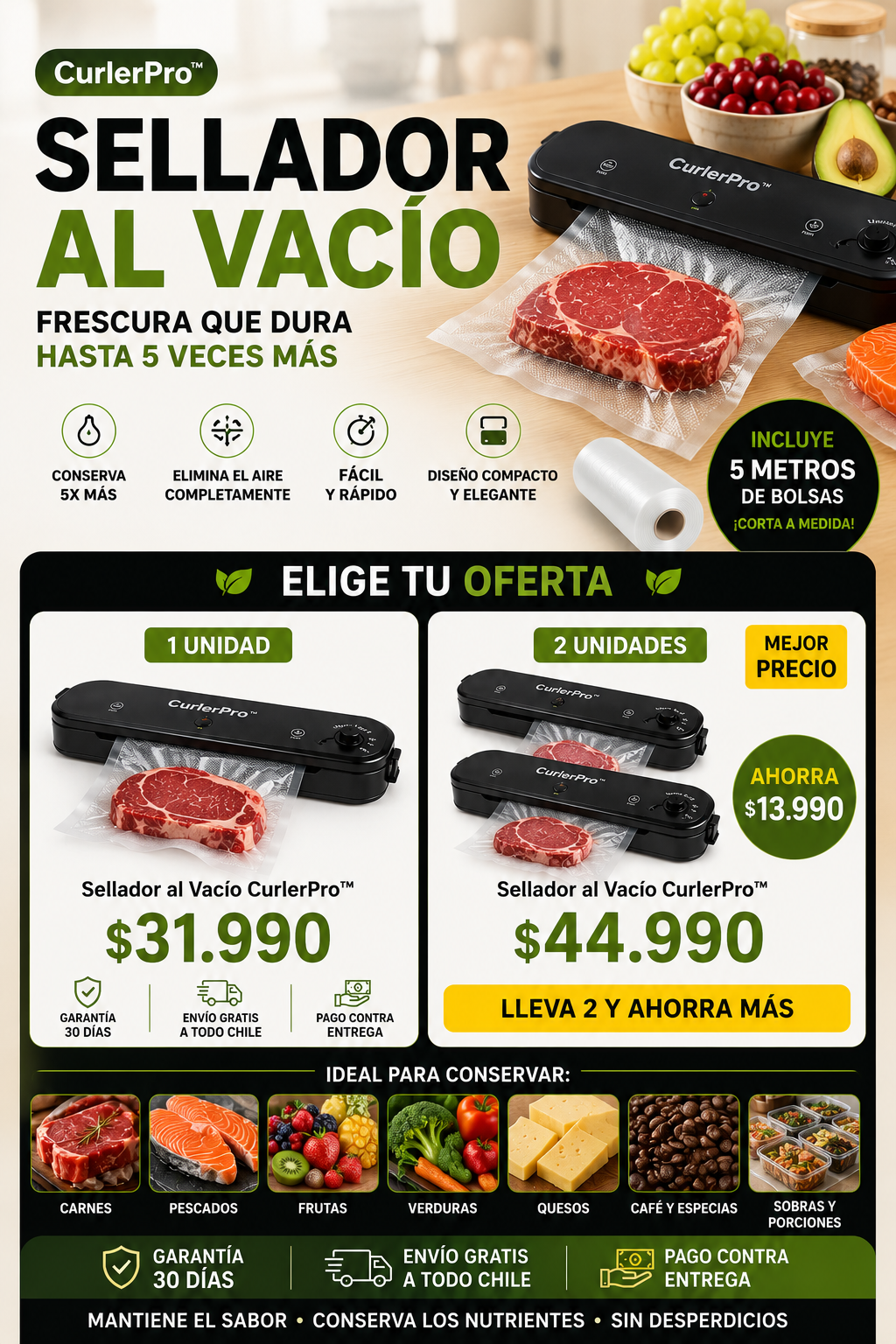 Sellador al Vacío + Bolsas 5 Metros — Conserva tus Alimentos